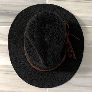 Black corduroy felt soft brim hat with brown leather detailing